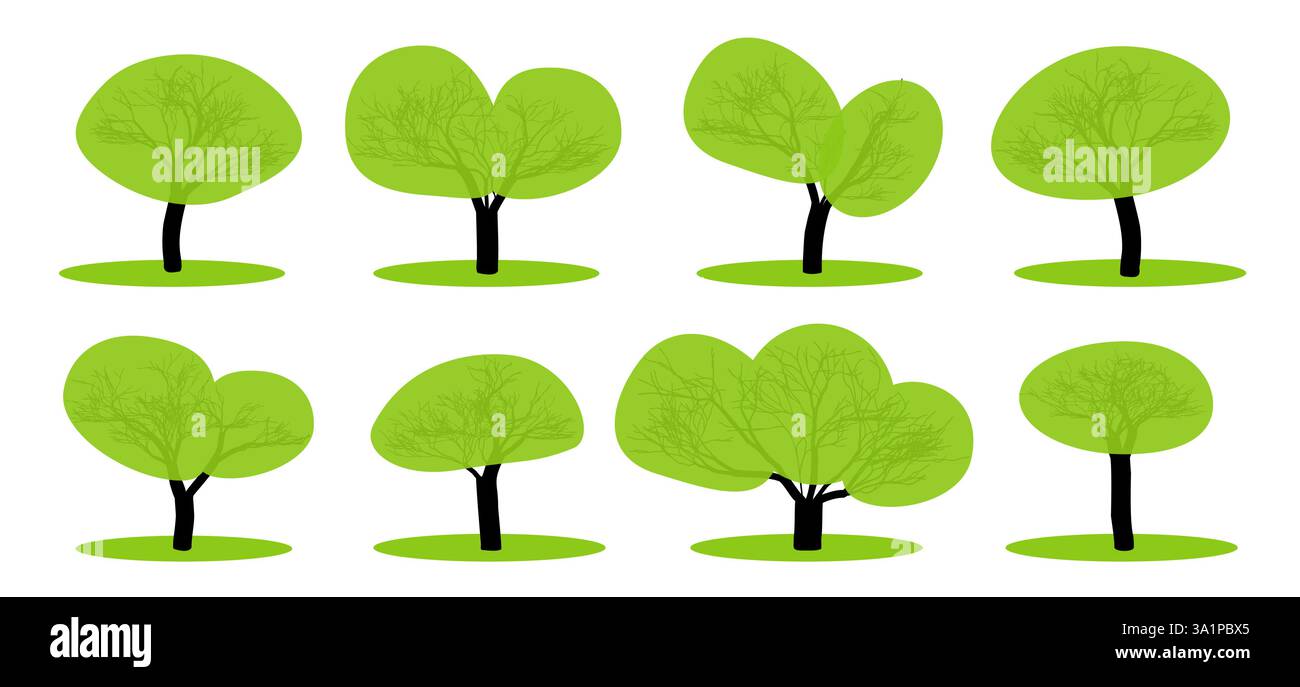 Più alberi stilizzati in varie forme con fogliame verde brillante e tronchi scuri su sfondo bianco Illustrazione Vettoriale