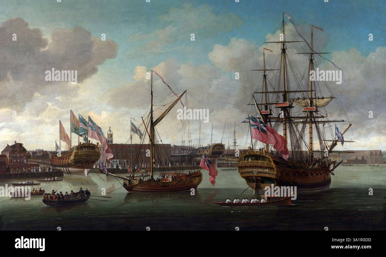 Pittura ad olio su tela del XVIII secolo di lancio a Deptford in Inghilterra dall'artista John Cleveley il Vecchio 1757 arte River Thames pittura Royal Navy lancio nuovo poster decorazione parete nave a vela Foto Stock
