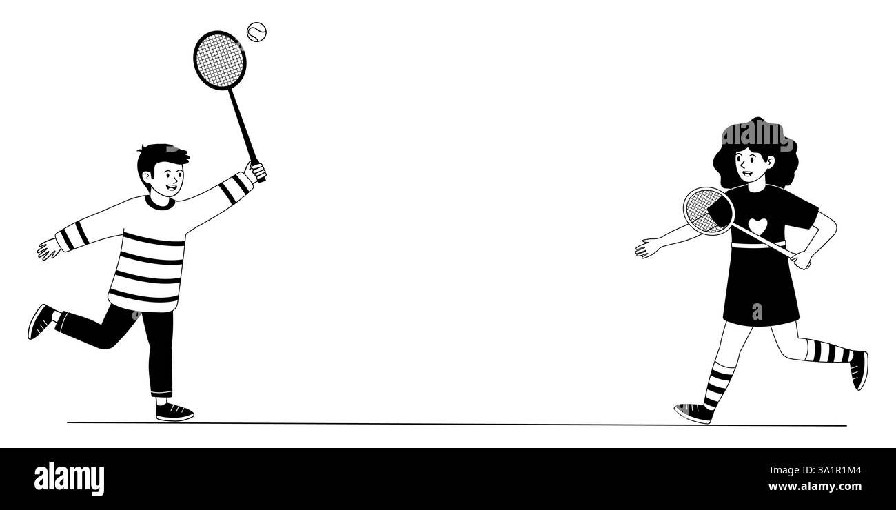 I bambini giocano a tennis e si divertono in una giornata di sole in un parco Illustrazione Vettoriale