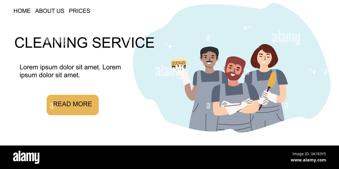 Team di servizi di pulizia professionale con forniture per la manutenzione di casa e ufficio. Illustrazione Vettoriale