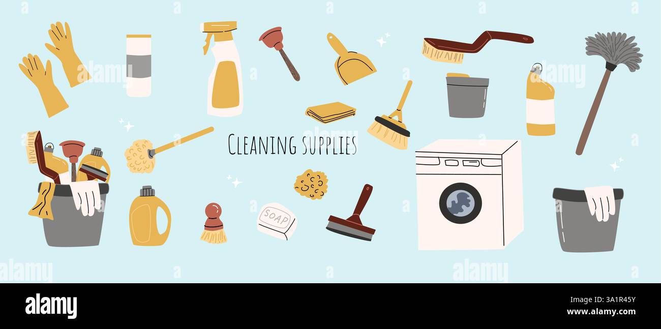 Raccolta di materiali e attrezzi per la pulizia per lavori domestici e manutenzione. Illustrazione Vettoriale
