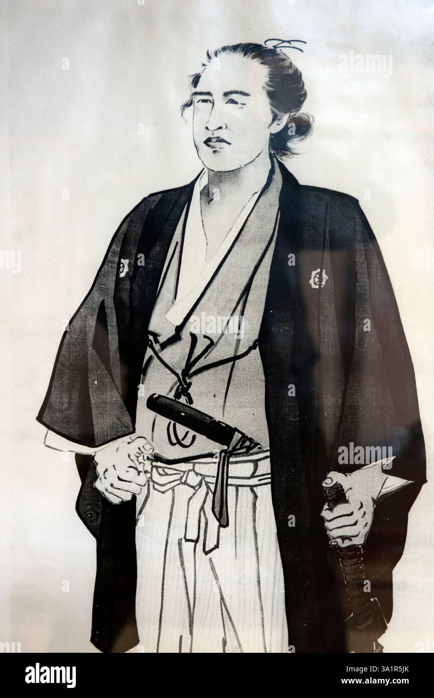 Illustrazione del samurai Sakamoto Ryoma su un rotolo appeso all'interno del Teradaya Inn a Fushimi, Kyoto, Giappone, luogo del suo tentato assassinio nel 1866. Foto Stock