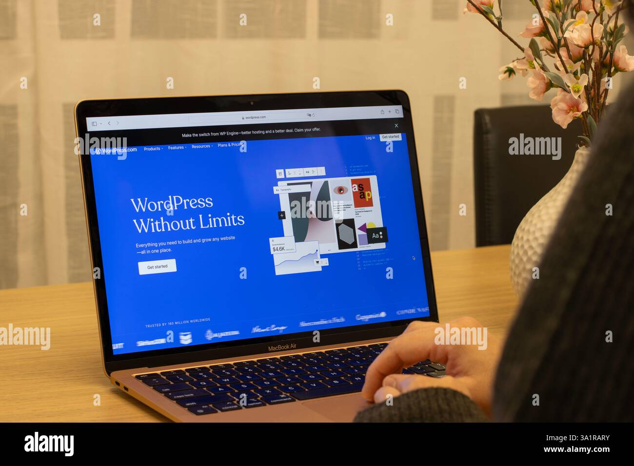 Una donna impara a creare il proprio sito web con WordPress dal suo MacBook. WordPress è un sistema di gestione dei contenuti web. Foto Stock