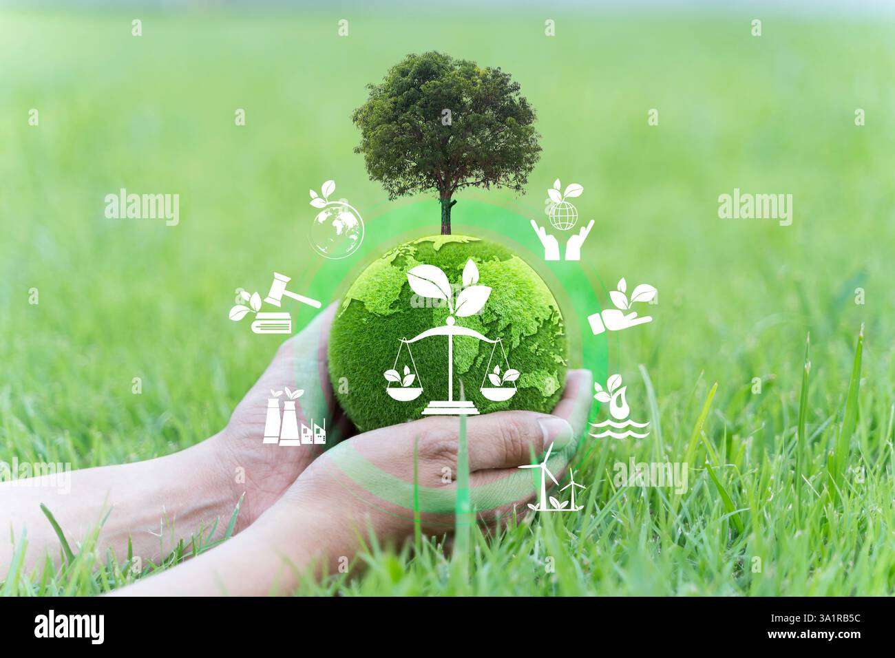 Diritto ambientale, politica ambientale internazionale, sostenibilità, legge ecocompatibile, protezione del clima, politica energetica sostenibile, Green World in Foto Stock