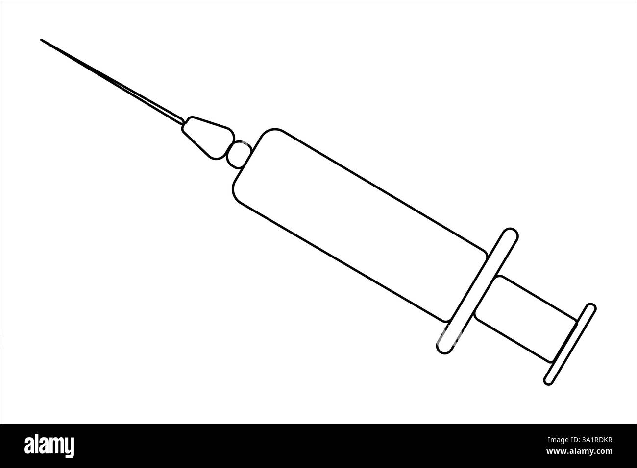 Siringhe per iniezioni disegno continuo di una linea art di vaccinazione, iniezione di cure sanitarie, campionamento del sangue per analisi di laboratorio. Concetto medico Illustrazione Vettoriale