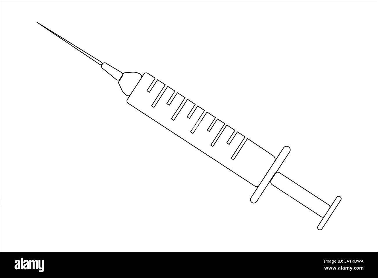 Siringhe per iniezioni disegno continuo di una linea art di vaccinazione, iniezione di cure sanitarie, campionamento del sangue per analisi di laboratorio. Concetto medico Illustrazione Vettoriale