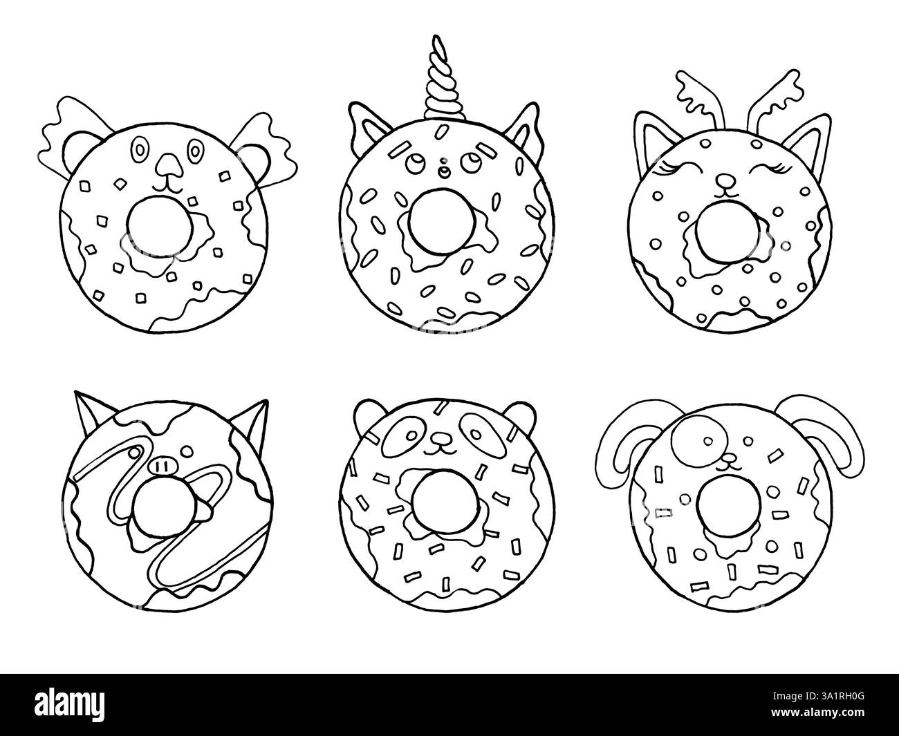 set di animali ciambella. Doodle disegna pagina da colorare per bambini Illustrazione Vettoriale