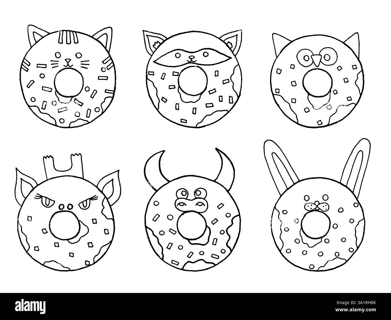 set di animali ciambella. Doodle disegna pagina da colorare per bambini Illustrazione Vettoriale