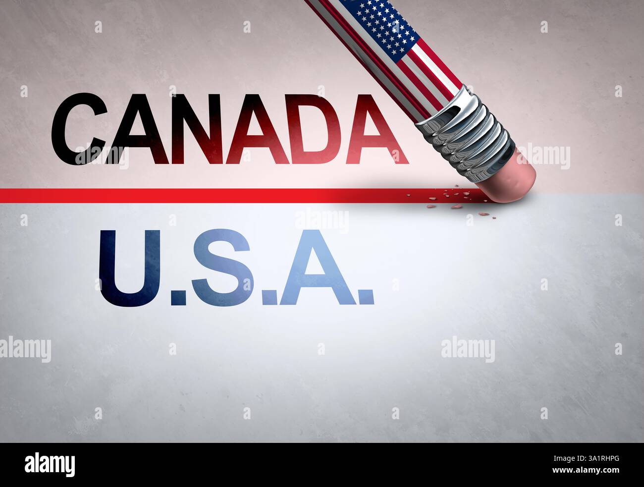 Concetto di confine USA Canada come Stati Uniti cancellando la linea di confine delle nazioni canadesi e americane come sfide geopolitiche e diplom politico Foto Stock