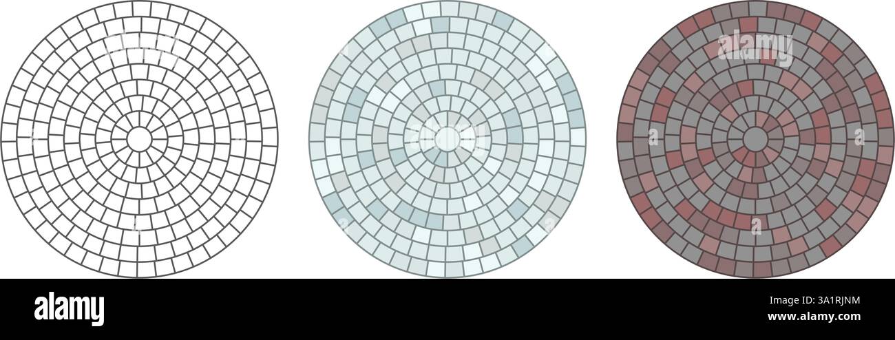 Tessera con motivo circolare pavimentato. Mosaico circolare in mattoni. Pavimentazione in pietra radiale rotonda. Piastrelle di pavimentazione struttura semplice del pavimento. Pietre rosse. Illustrazione vettoriale Illustrazione Vettoriale