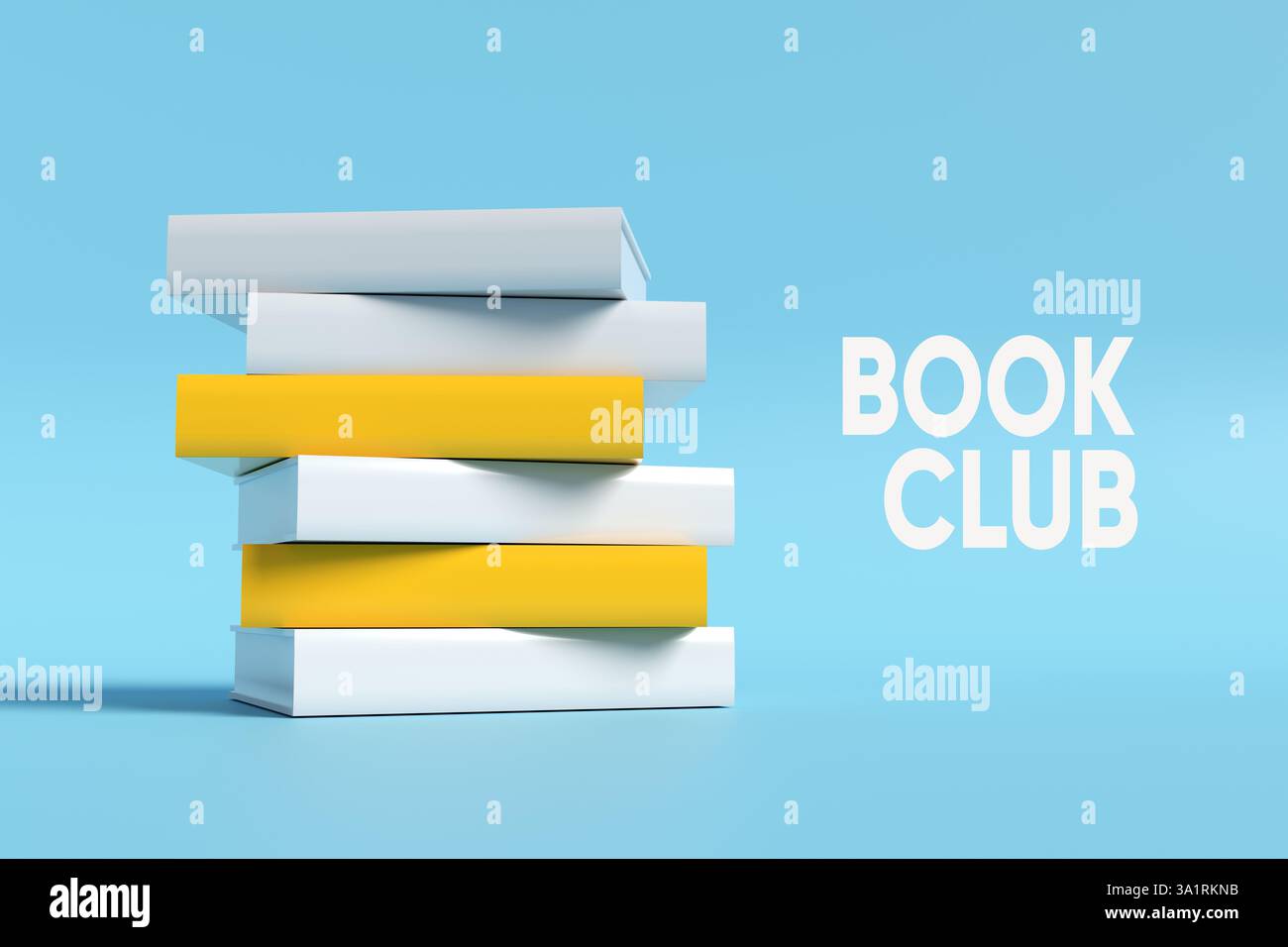 Una pila di libri bianchi e gialli con le parole "club del libro" su sfondo blu, creando una visuale semplice ma efficace per gli amanti dei libri. Rendering 3D. Foto Stock