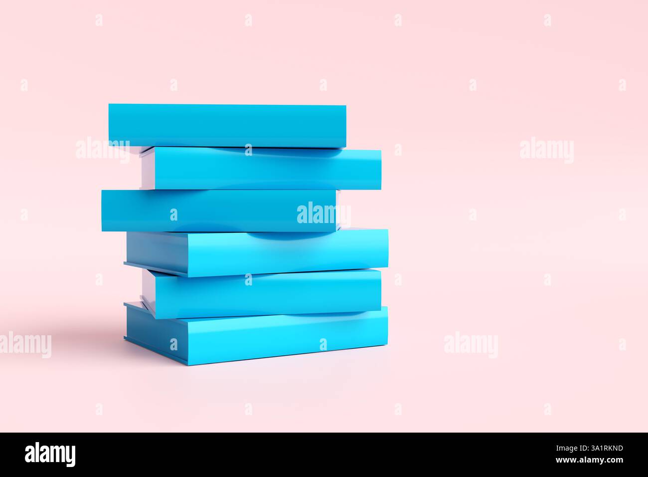 Libri con copertina rigida blu impilati su sfondo rosa, creando un concetto di apprendimento e conoscenza. Banner per materie didattiche o accademiche. 3D rende Foto Stock