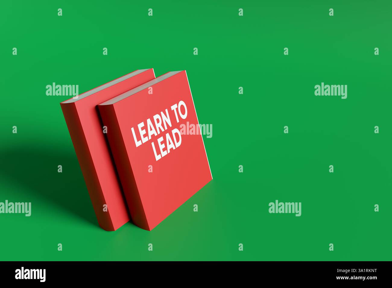 Due libri rossi con il testo imparano a guidare su un background verde rappresentano formazione, coaching e sviluppo delle competenze per aspiranti leader. Rendering 3D. Foto Stock