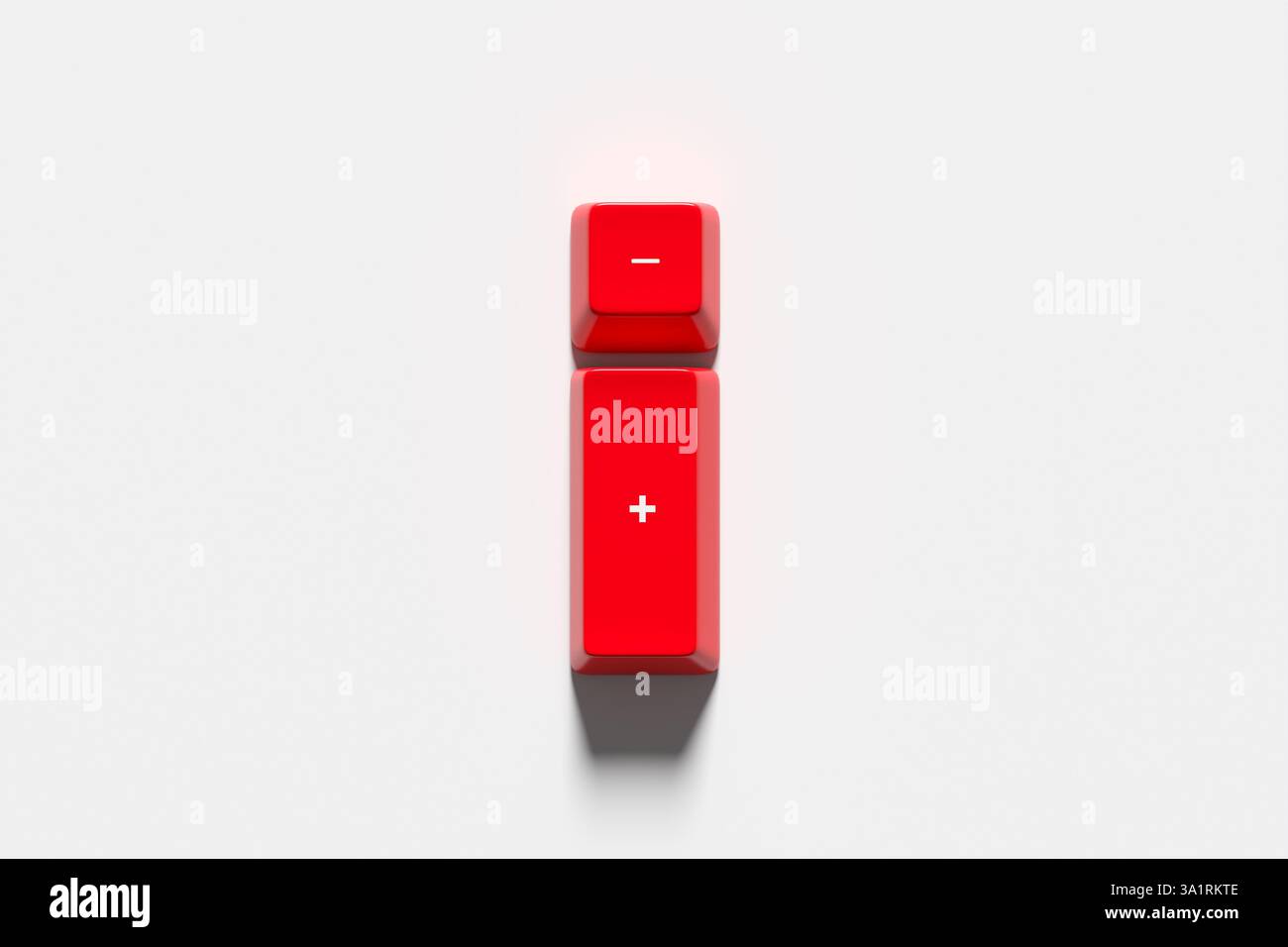 Concetti negativi o positivi, aggiungere o sottrarre, vantaggi o svantaggi. Due tasti rossi della tastiera con i simboli più e meno sono posizionati su una b bianca Foto Stock