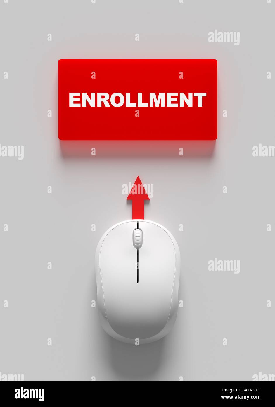 Registrazione online, iscrizione o concetto di sottoscrizione. Per iscriversi a un corso. Fare clic con il mouse su un pulsante di registrazione con una freccia rossa. 3d rend Foto Stock
