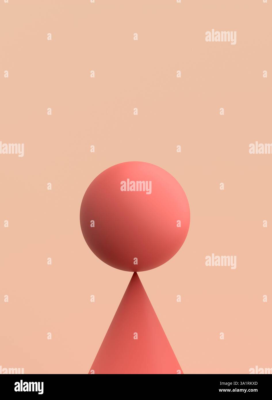 Illustrazione di rendering 3d minimalista con una sfera rossa in equilibrio sopra un cono, che raffigura equilibrio e armonia Foto Stock