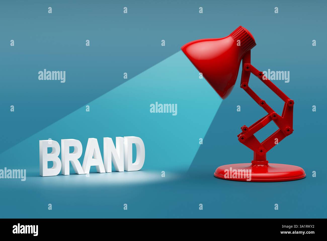 Lampada da tavolo rossa che illumina la parola marchio su sfondo blu, a rappresentare la consapevolezza del marchio e la strategia di creazione del marchio. Rendering 3D. Foto Stock