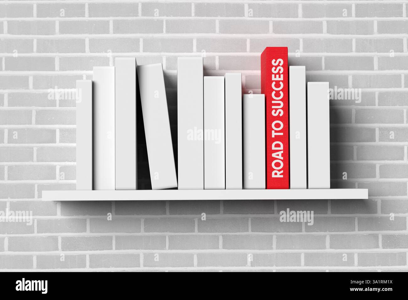 Successo aziendale e professionale. Concetto di libri di sviluppo personale. Libro rosso che spicca dalla folla che mostra la strada verso il successo su uno scaffale bianco. 3d. Foto Stock