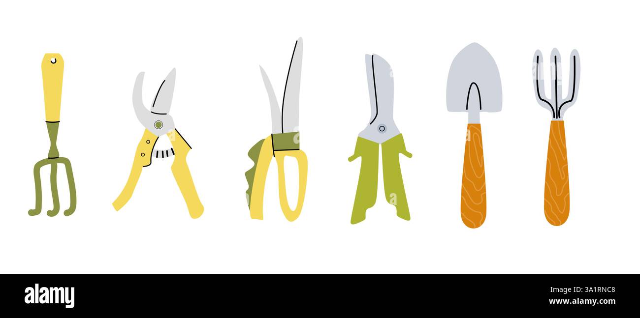 Collezione di attrezzi essenziali per il giardinaggio per uso domestico e professionale. Illustrazione vettoriale piatta isolata. Illustrazione Vettoriale