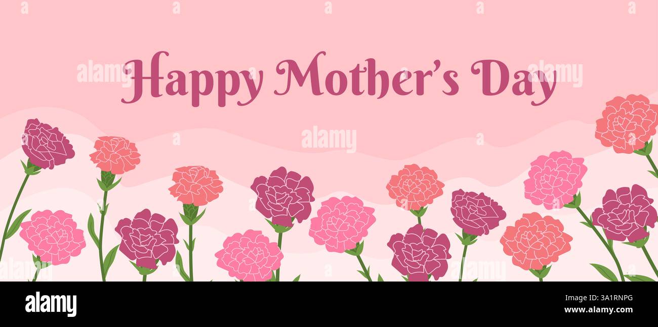 Auguri per la festa della mamma con garofani rosa per festeggiare. Illustrazione Vettoriale
