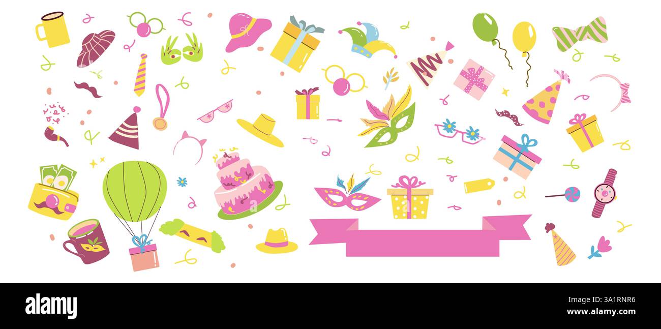 Icone colorate per festeggiare, tra cui maschere, regali e palloncini. Illustrazione Vettoriale