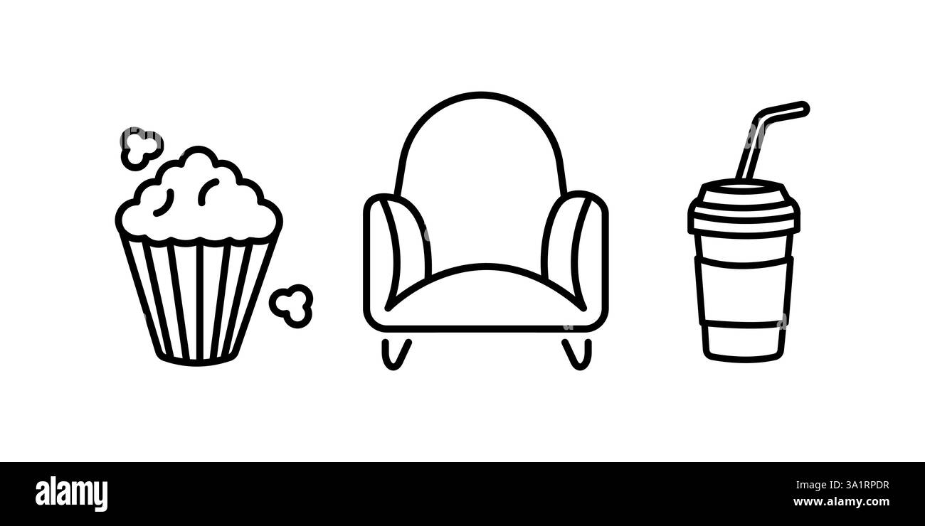 Scendi icone Cinema auditorium con posti a sedere, sala cinematografica, popcorn e tazza di carta su sfondo bianco isolato. Illustrazione Vettoriale