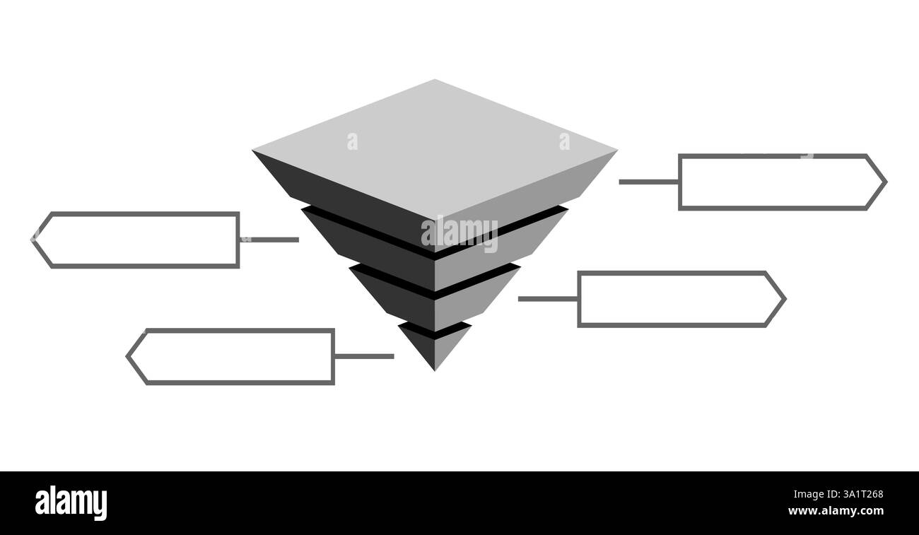 Illustrazione infografica di triangoli di colore nero e grigio divisi e spazio per il testo, forma a piramide invertita composta da quattro strati per la presentazione Illustrazione Vettoriale