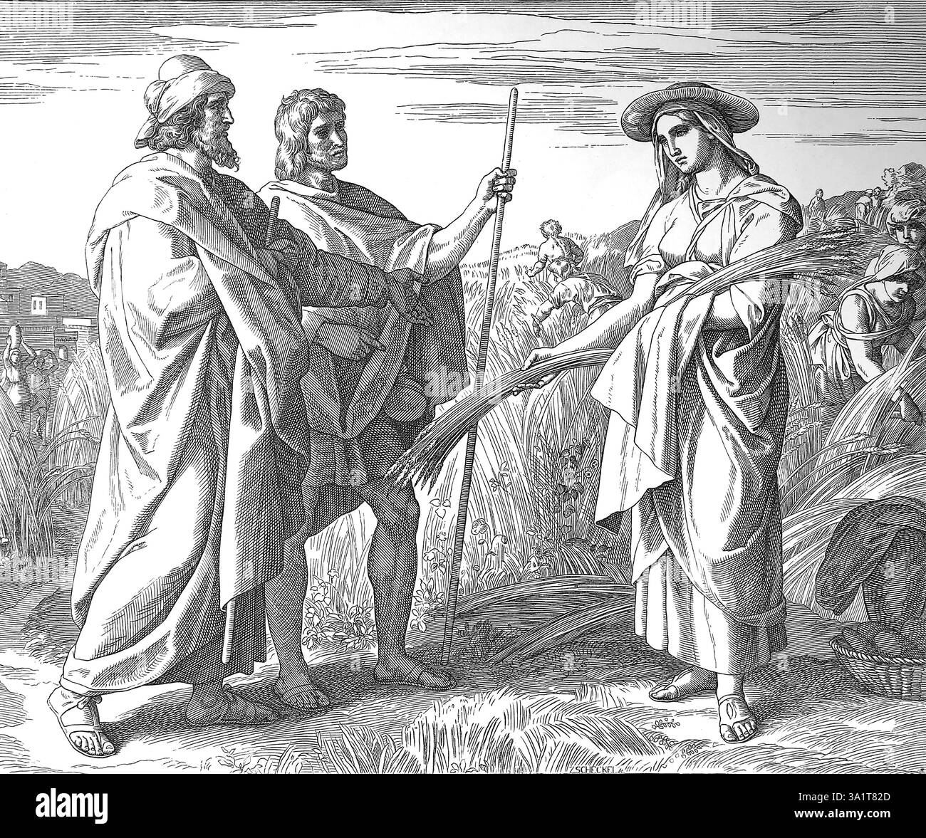 Bibbia. Ruth raccoglie grano nel campo di Boaz. Il Libro di Ruth. Illustrazione di J. Schnorr von Carolsfeld. "La Bibbia dei quadri", 1852-60. Foto Stock