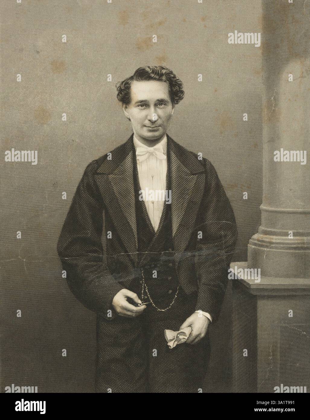 Signor W. S. Woodin, 1869 anni. Ritratto dell'intrattenitore britannico William Samuel Woodin (1825-1888) che si esibì alla Polygraphic Hall, King William Street, "...uno dei luoghi di divertimento più frequentati di Londra...è molto raro trovare così tante qualifiche diverse unite in un unico individuo; e con questi elementi di successo, combinati con il grande vantaggio della gioventù, c'è una certa certezza nel profetizzare per il signor Woodin una lunga e trionfante carriera nella vocazione che ha adottato". Woodin, un "miriografo", era noto per il suo atto, la "celebre e originale Carpet Bag". Foto Stock