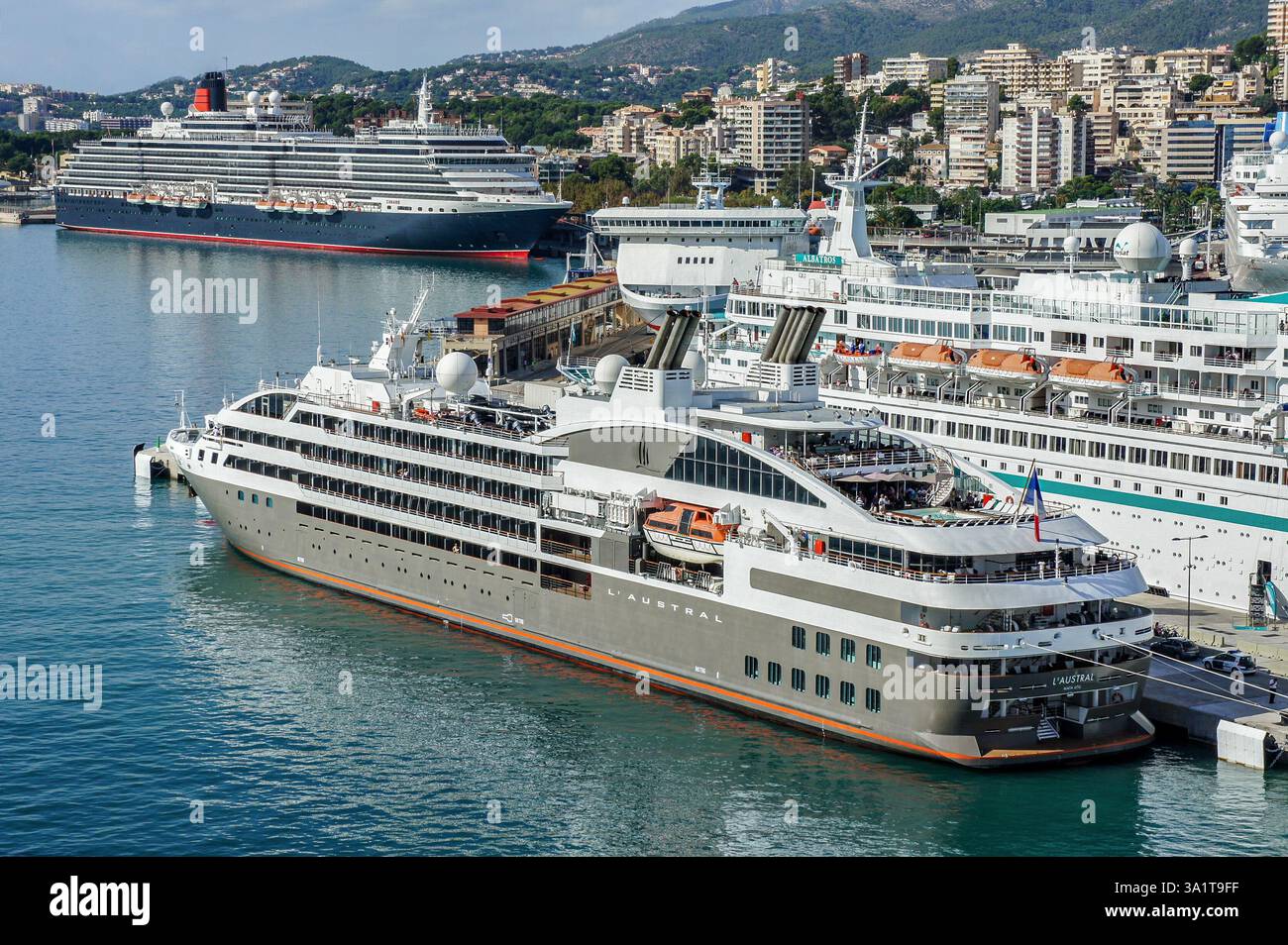 Navi da crociera l'AUSTRAL (Ponant Explorations Group), REGINA VITTORIA (Cunard) e ALBATROS (Phoenix Reisen) a Palma di Maiorca, Isole Baleari, Spagna Foto Stock