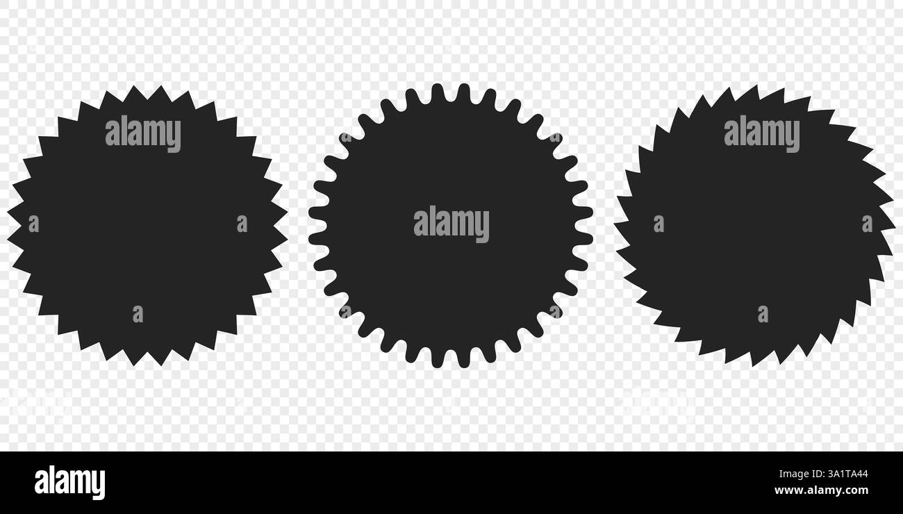 Set vettoriale di badge neri Starburst e Sunburst. Adesivi ed etichette sui prezzi di vendita Illustrazione Vettoriale