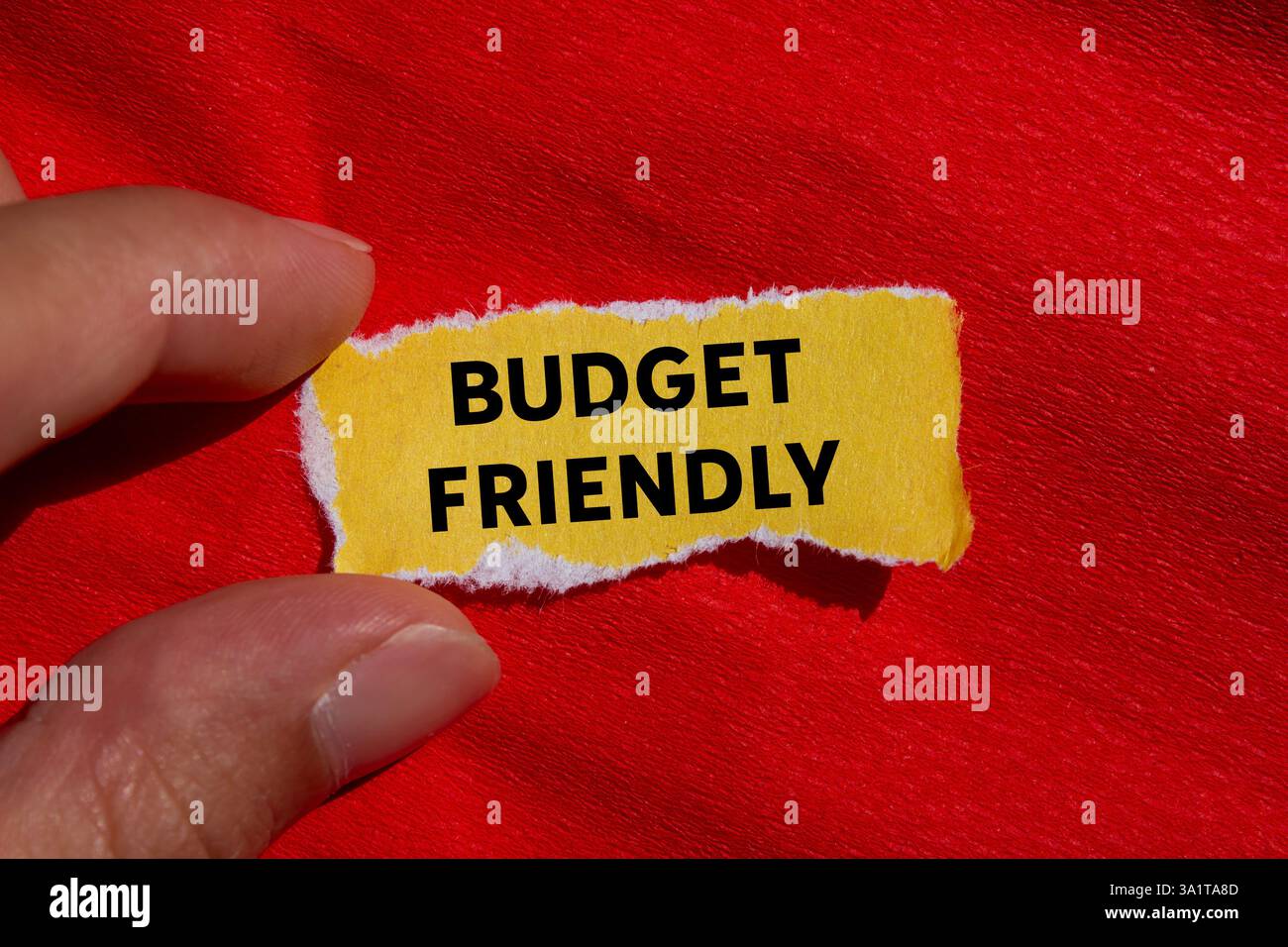 Messaggio economico scritto su un foglio di carta giallo strappato su sfondo rosso. Simbolo di budget concettuale. Copia spazio. Foto Stock