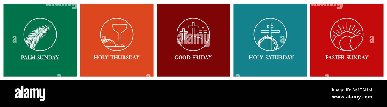 Icone d'arte in linea con la settimana Santa con i simboli delle festività della domenica di Pasqua. Buona Pasqua, poster con ramoscelli di palma, ciotola e icone del pane, corona di spine Illustrazione Vettoriale