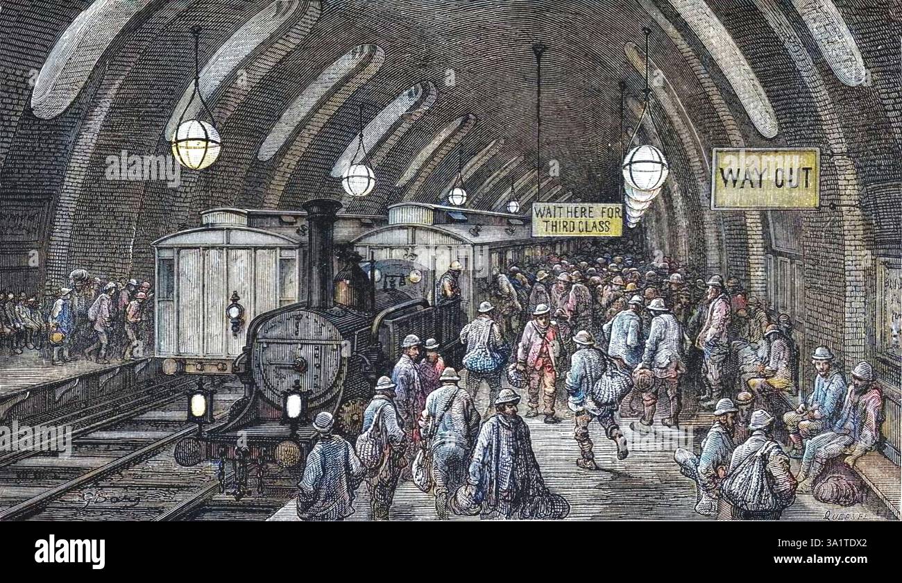 "Il treno degli operai", 1872. Da: "LONDRA. A Pilgrimage" di Gustave Dore e Blanchard Jerrold. [Grant and Co., 72-78, Turnmill Street, E.C., 1872]. (Stampa a colori in bianco e nero). Foto Stock
