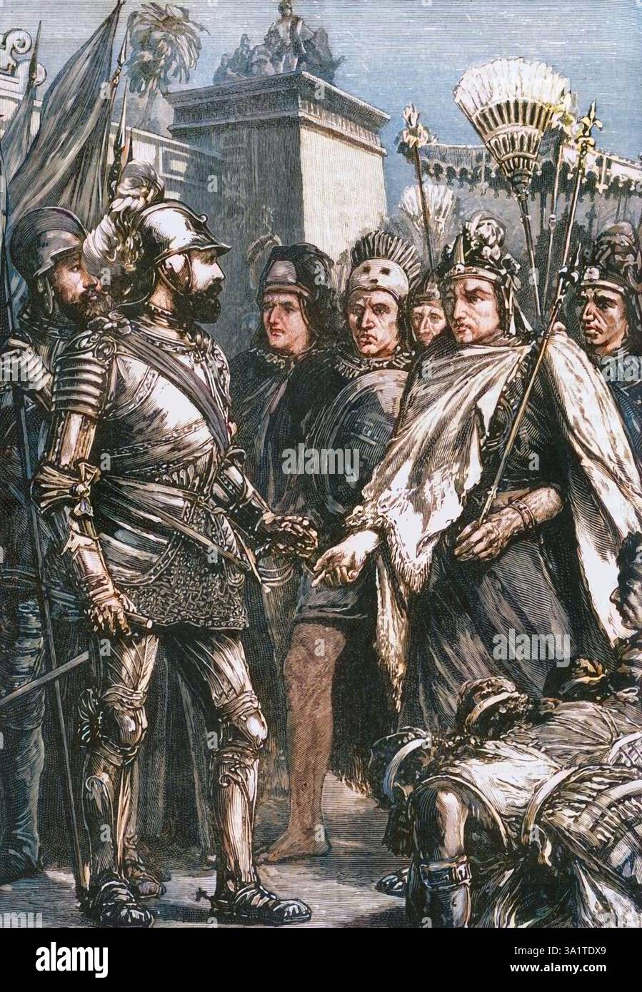 "Reception of Cortes by Montezuma", 1519, (1890). Moctezuma II (1466-1520) incontrò Hernando Cortes (1485-1547) Conquistador spagnolo l'8 novembre 1519, i due capi si scambiarono doni. Da "Cassell's Illustrated Universal History, Vol. IV - Modern History", di Edmund Ollier. [Cassell and Company, Limited, Londra, Parigi e Melbourne, 1890]. (Stampa a colori in bianco e nero). Foto Stock