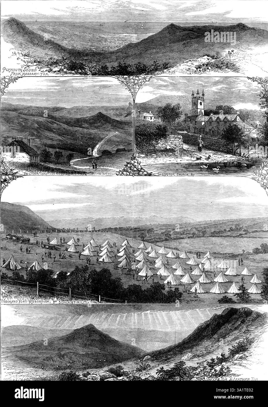 Le manovre autunnali su Dartmoor, 1873. "Plymouth Sound from Hessary Tor; Belivor Tor; Sheeps Tor Church &amp;c; Woodland Fort, Roborough, 1st Somerset Militia; Sheepstor &amp; cuoio Tor...i due campi della prima e della seconda divisione sono separati l'uno dall'altro da una valle profonda, essendo collocati su colline a un miglio e mezzo di distanza. Il campo dei quartieri generali è a Roborough Down...Pen Beacon...è occupato dal campo militare per le manovre autunnali. I bozzetti del nostro artista presentano diverse vedute del paesaggio locale; una vista lontana della valle di Plym e del Plymouth Sound, da Hessary Tor, vicino a Tor Foto Stock
