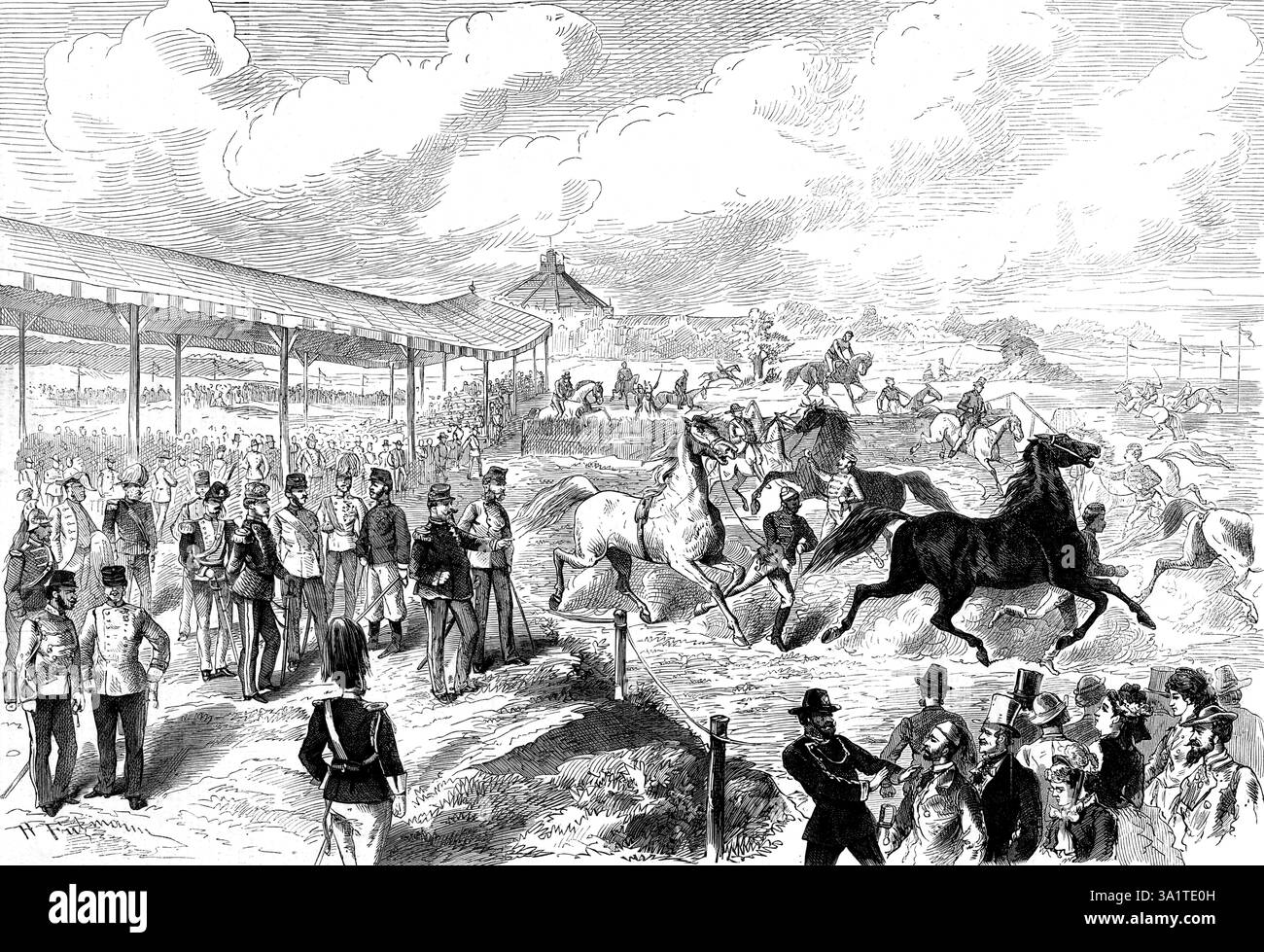 Il re d'Italia a Vienna: Mostra di cavalli, 1873. "La visita del re Vittorio Emanuele a Vienna e Berlino è stata un'occasione per congratularsi con la nazione italiana per questa cordialità di amicizia con i governanti di queste due potenti monarchie i cui soggetti includono quasi tutta la grande razza tedesca... è stato venerdì 19 settembre che Vittorio Emanuele, accompagnato dall'imperatore Francesco Giuseppe, è stato condotto attraverso l'esposizione Internazionale, dove ha trovato senza dubbio molto da ammirare nelle opere d'arte e manifattura; ma probabilmente avrebbe preso il gr Foto Stock