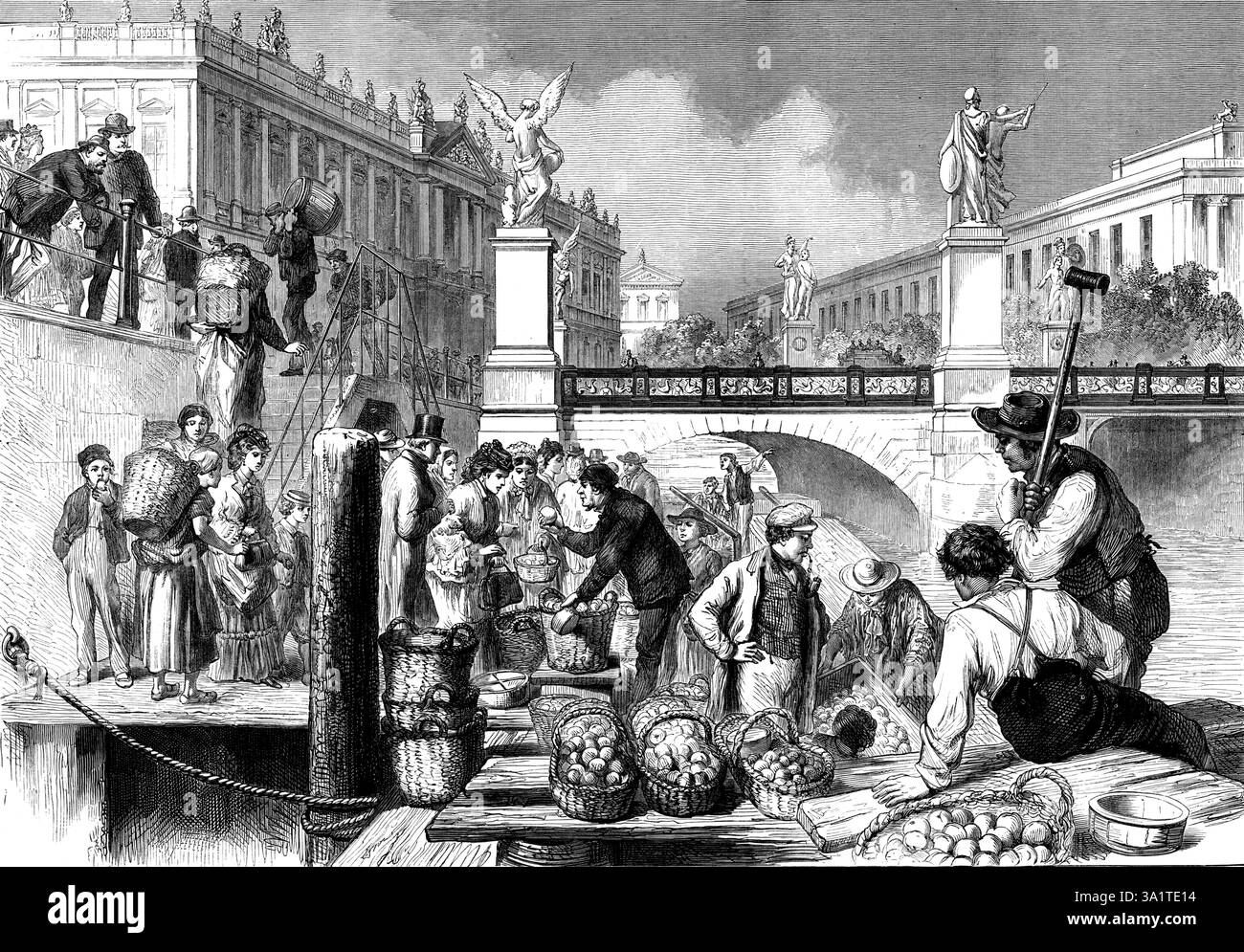 Unlading fruit-boats a Berlino, 1873. "...le strette acque della Sprea, nelle zone più popolose di Berlino, sono affollate di barche da frutta che si trovano al largo delle banchine di Burg e Unterwasser Strassen, così come quelle adiacenti alla maggior parte dei ponti, in particolare il castello e Jannowitz BRücken...quando i carichi vengono scaricati, le banchine presentano un aspetto molto animato. Camion, torrenti e carretti per cani...attendono per ore per mettere al sicuro i loro carichi di pere e mele...in certi momenti della giornata le barche, che si trovano vicino l'una all'altra, presentano un po' l'aspetto di un Foto Stock