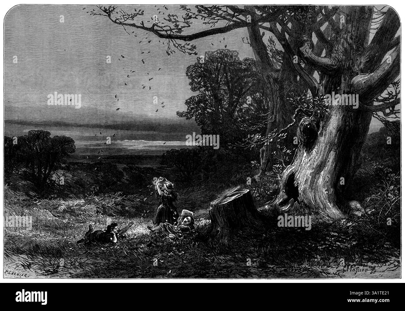 Foglie d'autunno, 1873. "L'autunno lascia cadere le foglie appassite..."l'erba scompare, il fiore si fa", e la foglia multitudinosa che è stata spalmata o gettata in alto, per catturare l'aria e la luce dal cielo estivo, ora cade o fluttua giù, una cosa secca e morta, disperata e inutile, salvo come nutrizione per ciò che il suolo è ora di portare avanti a sua volta. Anche questo è il diritto e il metodo dell'esistenza animale, anche umana, in mezzo alla varietà di prodotti in continua evoluzione, rinnovabili come deperibili nelle generazioni successive, che costituiscono la vita collettiva dell'orecchio Foto Stock