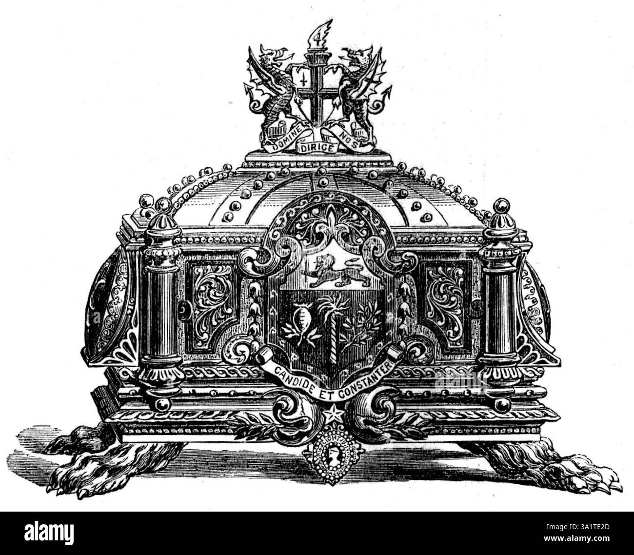 Cofanetto d'oro presentato a Sir Albert Sassoon, 1873. Scrigno presentato a Guildhall, '...con la libertà della città di Londra, a [quel] eminente mercante ebreo del Bombay...in riconoscimento dei suoi sforzi munificenti e filantropici nella causa della carità e dell'istruzione, più in particolare, anche se non esclusivamente, nel nostro impero indiano. La pergamena illuminata contenente la libertà della città è racchiusa in uno scrigno progettato in stile rinascimentale e realizzato in solido oro diciotto carati. Il pannello centrale contiene uno scudo ornamentale con le braccia di Sir Albert smaltate in vero He Foto Stock