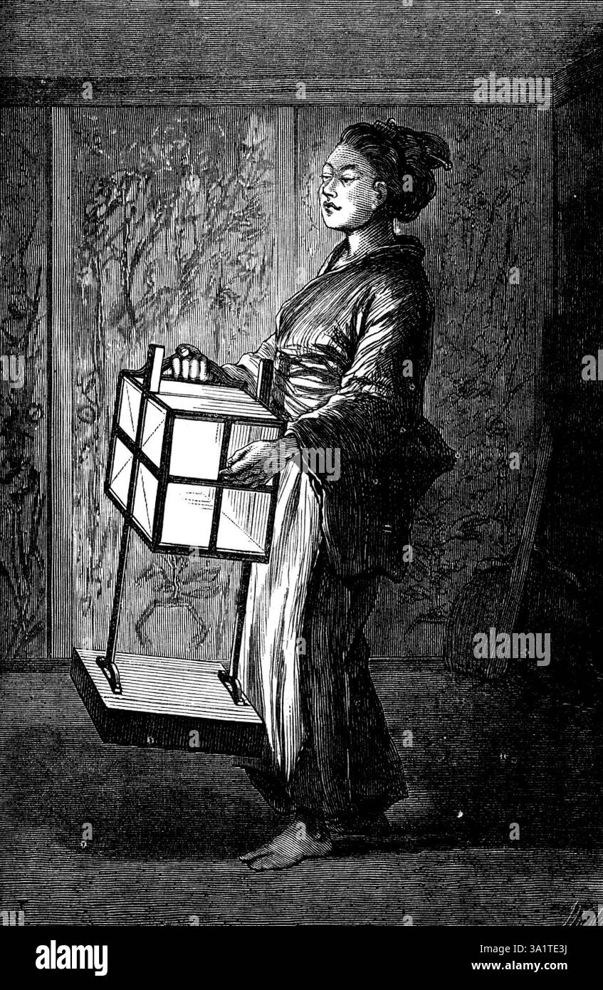 Sketches in Japan: Night, 1873. "Il Giappone presenta ottime strutture per viaggiare. In questo è diverso dalla maggior parte dei paesi orientali. Non ci sono locande, nel nostro senso della parola, ma il loro posto è ampiamente fornito da quelle che sono chiamate "case del tè", e uno o più di questi luoghi si trovano nella maggior parte dei villaggi... le camere di queste case da tè hanno tappeti di paglia morbidissimi per i pavimenti, e tre lati della stanza sono fatti di pannelli scorrevoli, fatti di carta e dipinti con paesaggi giapponesi. Quando la casa è chiusa per la notte, c'è una difesa esterna di pannelli scorrevoli, fatti di legno, un Foto Stock