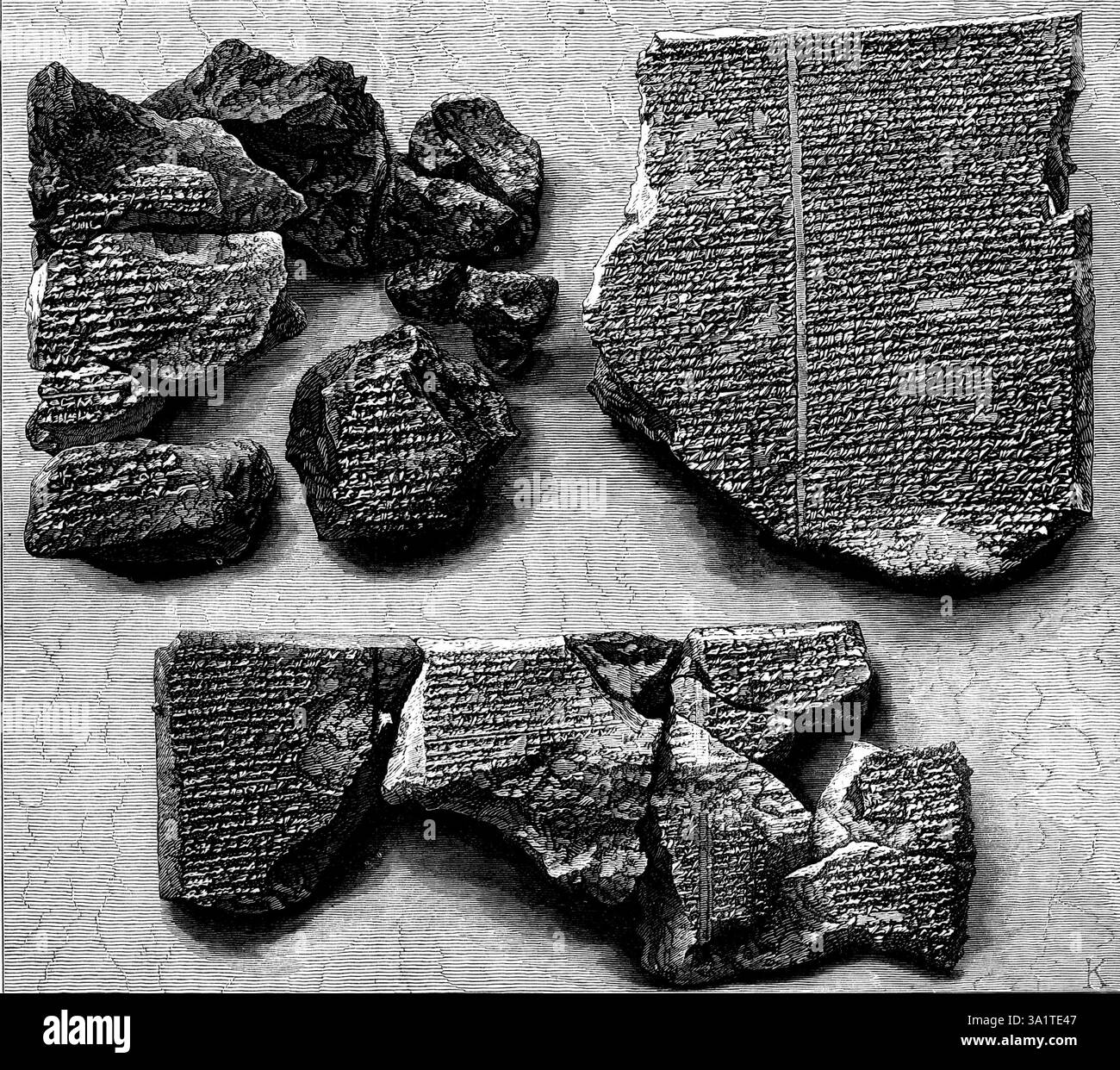 Pietra incisa, che dà un resoconto del diluvio, 1873. George Smith del British Museum presentò tavolette di argilla caldea di Ninive, "...contenente un resoconto del diluvio che... assomiglia a quello del Libro della Genesi. [Risalgono al] regno di Assurbanipal, re d'Assiria intorno al 668 a.c.... l'iscrizione è stata decifrata e tradotta... un re di nome Izdubar... essendo stato afflitto da malattia, va a visitare un famoso saggio chiamato Sisit... questo filosofo, invece di dargli qualche medicina, gli parla dell'alluvione. Sisit gli dichiara che, per quanto riguarda Noè, gli dei si sono rivelati bef Foto Stock