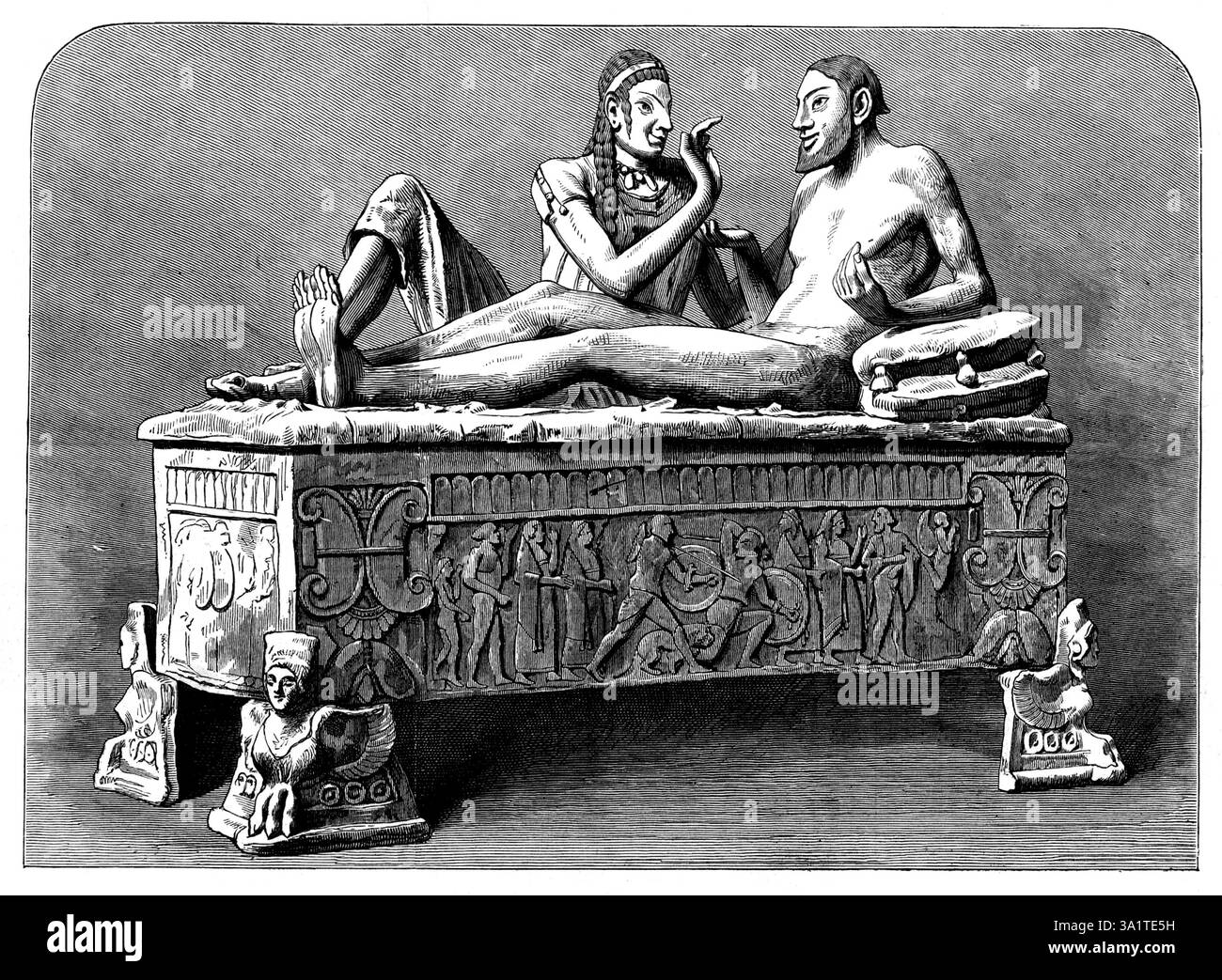 Collezione Castellani nel British Museum - sarcofago etrusco, 1873. "Il recente acquisto della collezione di arte-antichità Castellani da parte dei fiduciari del British Museum ha aggiunto alla proprietà pubblica di questo tipo alcune cose di notevole valore per la loro bellezza o curiosità...[A] il sarcofago, appartenente alla classe delle terracotte, è uno degli articoli che devono essere considerati più curiosi che belli. Espone un gruppo di due figure, quelle di un uomo e di una donna; la prima seduta su un divano, la seconda che condivide una festa con lui. Questo è un esemplare di arte etrusca. Foto Stock