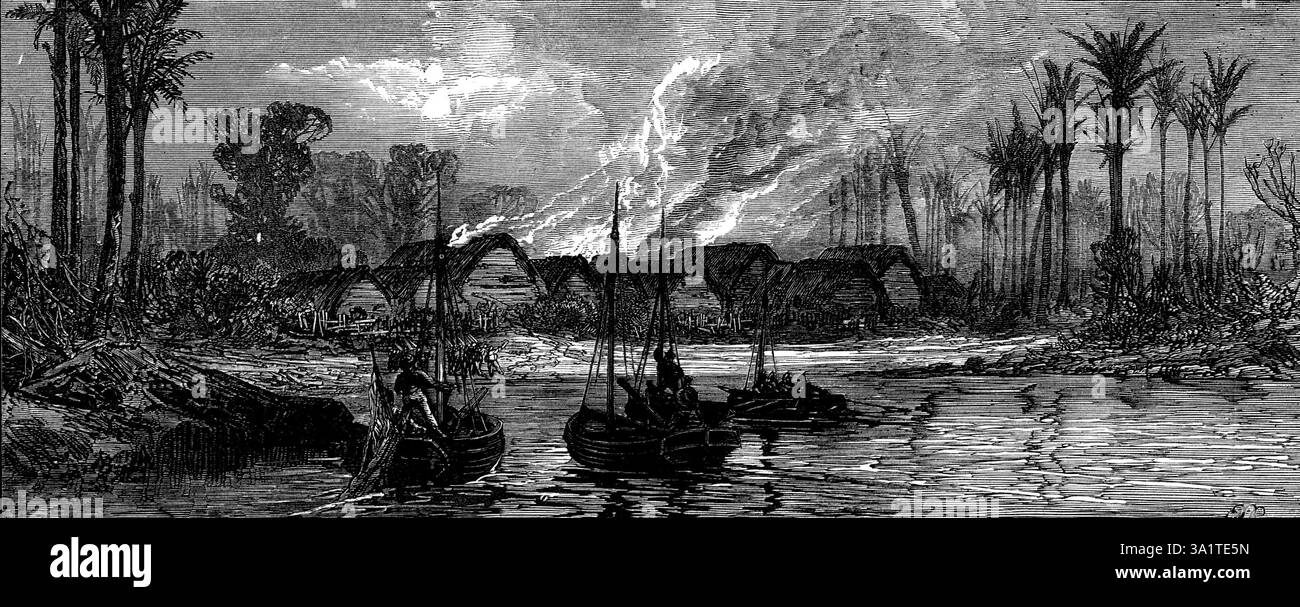 Un villaggio di schiavi dell'Africa orientale distrutto dalle barche di H.M.S Briton e Daphne, 1873. "Le operazioni di H.M.S. Briton e H.M.S. Daphne sulla costa orientale dell'Africa, per la repressione del commercio degli schiavi, ai sensi del trattato concluso quest'anno dai negoziati di Sir Bartle Frere con il Sultano di Zanzibar, hanno visto la partecipazione di un doloroso incidente, che ha reso necessario infliggere gravi castighi agli assassini di un ufficiale navale britannico. Il sottotenente Marcus M'Causland, della Daphne, essendo stato crudelmente e traditore ucciso, il 15 settembre, dal popolo di Kiunga, A. Foto Stock