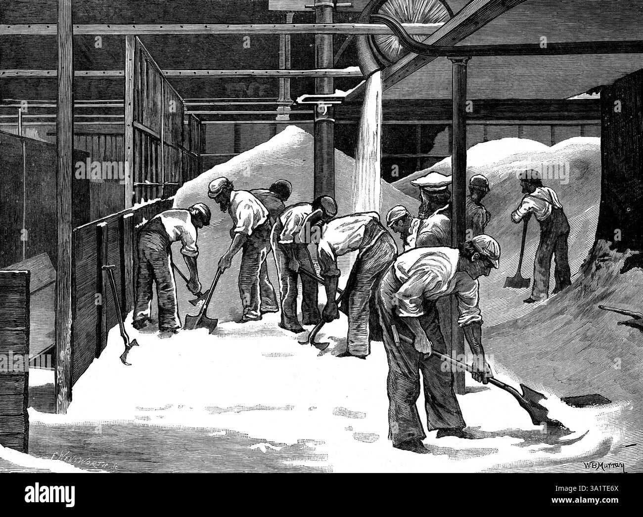 Produzione di zucchero alla raffineria Counterslip, Bristol, 1873. "...la più grande raffineria d'Inghilterra [è] quella dei signori Finzel e figli... la massa di zucchero...[è] sollevata per mezzo di ascensori fino alla sala di miscelazione, dove un lungo distacco di operai riceve i prodotti della porzione meccanica della fabbrica e la mescola abilmente con pale di legno. La sala mescola presenta un aspetto molto suggestivo, e anche pittoresco, perché si tratta di una vasta sala alta, in cui sono sopraelevati un certo numero di alti palchi o gallerie costruite in legno, e legati ai bordi con il ferro. Queste tavole segnano un grande spazio quadrato Foto Stock