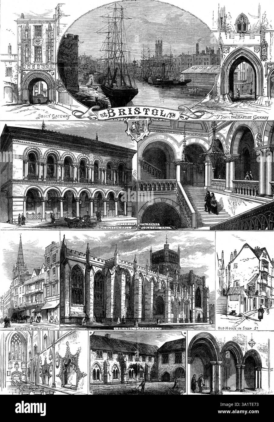 Il Bristol Musical Festival: Views in Bristol, 1873. Ingresso dell'abbazia di St. Augustine; St. John the Baptist Gateway; esterno, Colston Hall; Staircase, Colston Hall; no. 9, strada del vino, luogo di nascita di Robert Southey; Cattedrale di Bristol; Old House in Steep St.; tomba di Robert Fitzhardinge, signore di Berkeley, e sua moglie Eva; l'antico monastero o priorato dei Frati neri; porta d'ingresso agli alloggi dell'abate, l'abbazia di St Augustine. "Il nome di Edward Colston, un intraprendente mercante del XVII secolo, nato e vissuto a Bristol, è preservato dalle sue munificenti fondazioni di cha Foto Stock