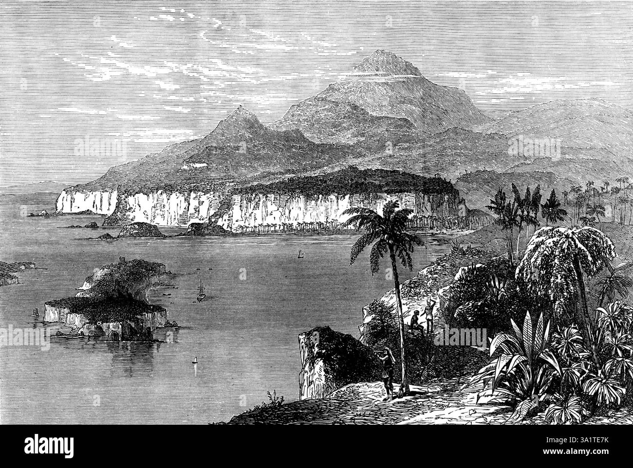 Baia di Ambas e altopiani del Camerun, costa occidentale dell'Africa, 1873. 'La baia di Ambas, con le sue tre isole, e l'altopiano del Camerun,...being l'unica terra di tavola vicino alla costa di altezza sufficiente per garantire l'immunità dalla febbre, è stata raccomandata al governo come il sito più adatto per un ospedale e deposito di convalescenza per la spedizione della Gold Coast. Questi altopiani occupano un'area di circa 200 miglia quadrate di terreno magnificamente fertile, la maggior parte dei quali è ricoperta da lussureggianti boschi di alberi o da un bel terreno erboso. La vetta più alta [è] il Monte Victoria - o, come Foto Stock