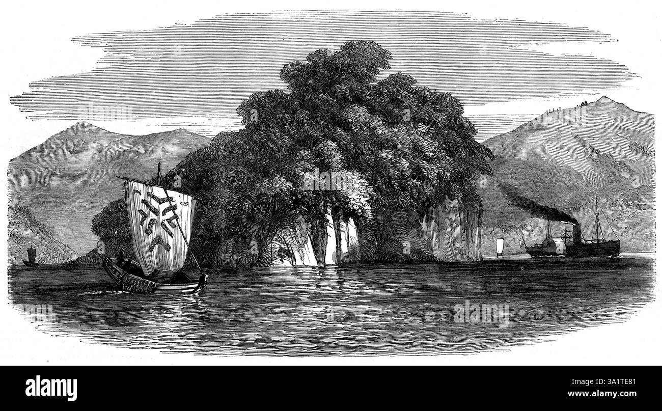 Schizzi in Giappone: Il Pappenberg, o Isola di Takaboko, 1873. "Il nostro artista speciale ultimamente in Cina e in Giappone contribuisce ad una visione del Pappenberg, o isola di Takaboko, vicino a Nagasaki. Egli osserva che nell'anno 1622 questa roccia è stata teatro di una terribile tragedia. I giapponesi iniziarono una spaventosa persecuzione dei cristiani a Decima e Nagasaki e nei suoi dintorni, e portarono alcune migliaia di loro su una delle scogliere perpendicolari del Pappenberg - uomini, donne e bambini. Una croce fu posta a terra, e ogni persona poteva scegliere se calpestarla o essere scagliata Foto Stock
