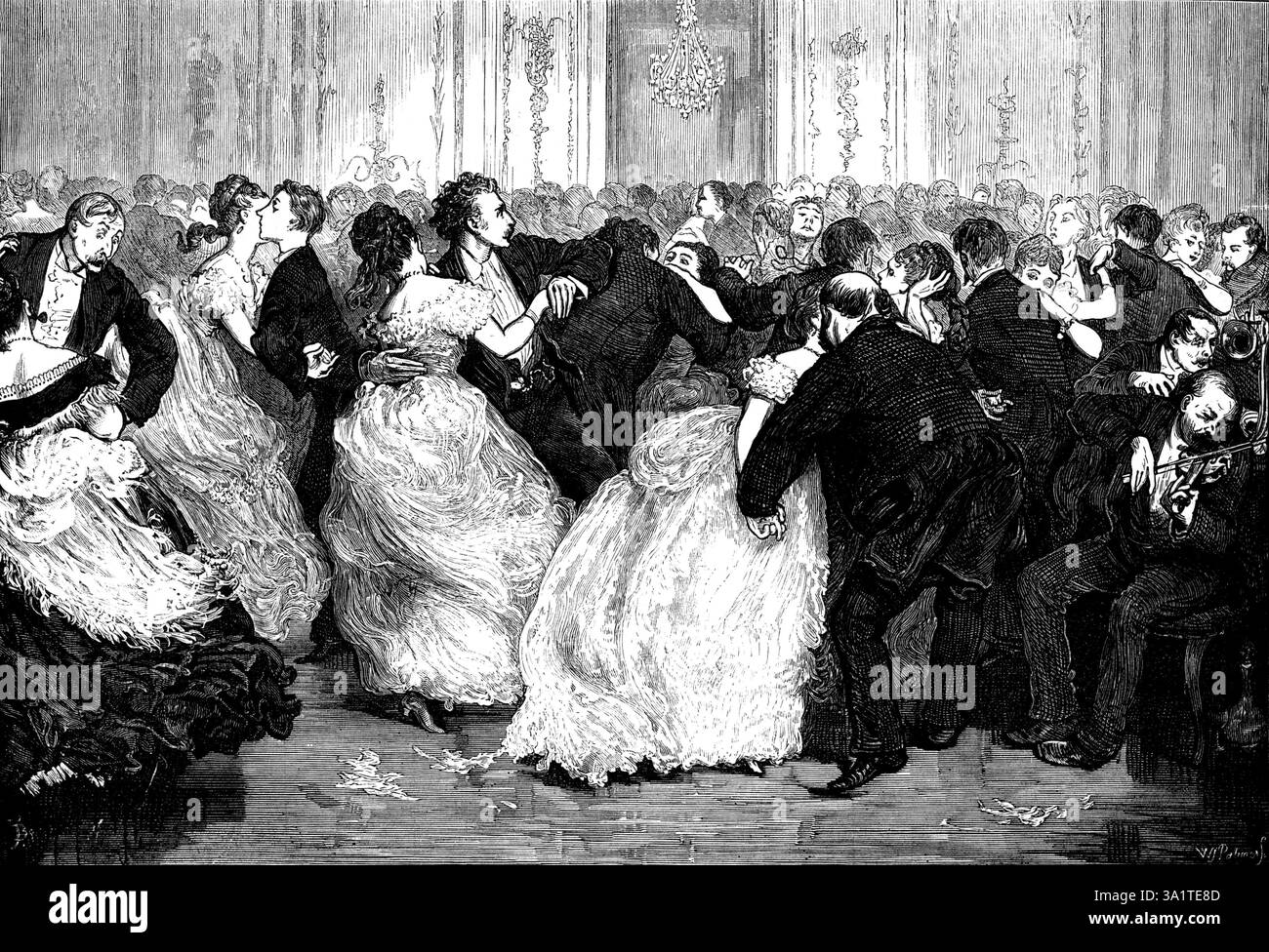 L'ultimo Galop, disegnato da F. Barnard, 1873. Illustrazione di una poesia di John Latey. '...ma presto lo spirito dell'ora esercita tutta la sua magia... prima quell'impetuoso folle bella viene morso dalla tarantella; e dritto tutto viene dopo, con battute e manovelle e risate che suonano. San Vito li ha nella sua morsa, e li fa saltare. Ora tutti stanno freneticamente impostando, Chassez-ing, girando, piroettando; avanzando ora, e ora si ritirano; i loro passi così allegri che battono musica, che scarso il violino gemellante si sente in mezzo al fastidioso baccano. E quando l'ultima Foto Stock