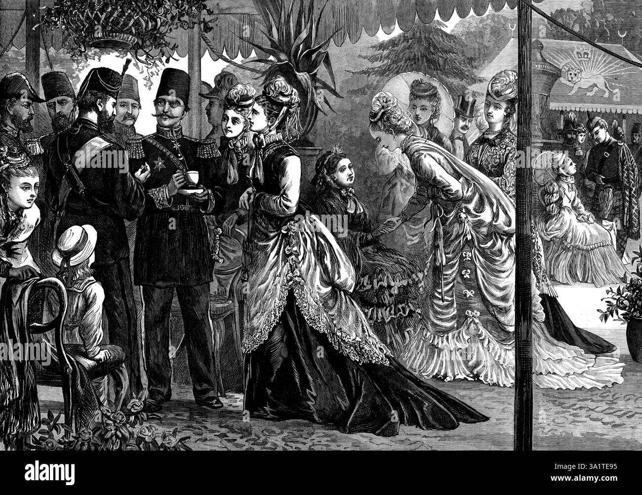 Visita dello Scià: Festa in giardino a Chiswick, data dal Principe e Principessa di Galles, 1873. Lo scià di Persia a Londra. 'Tornato a Londra alle tre e mezza del pomeriggio, sua Maestà, verso le cinque, guidò fino a Chiswick, dove il Principe e la Principessa di Galles lo intrattenevano, e la Regina loro madre, con altri ospiti reali e nobili, e una numerosa compagnia, nei giardini della villa del Duca di Devonshire. I Persiani della suite di sua Maestà erano presenti, così come il conte di Morley, il contrammiraglio Lord F. Kerr, il colonnello H. Byng, il maggiore generale H Foto Stock